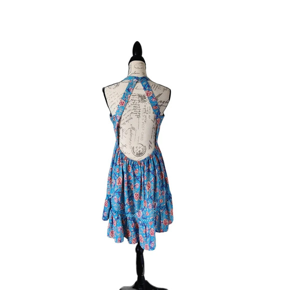 Sunday Mi Amor Floral Halter Neck Sleeveless Mini Dress Blue Tiered Size M Swing - Picture 4 of 11